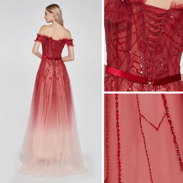 High End Rot Farbverlauf Ballkleider 2020 A Linie Off Shoulder Kurze Ärmel Stoffgürtel Perlenstickerei Pailletten Sweep / Pinsel Zug Rüschen Rückenfreies Festliche Kleider