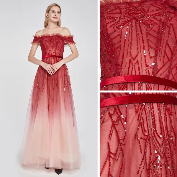 High End Rot Farbverlauf Ballkleider 2020 A Linie Off Shoulder Kurze Ärmel Stoffgürtel Perlenstickerei Pailletten Sweep / Pinsel Zug Rüschen Rückenfreies Festliche Kleider