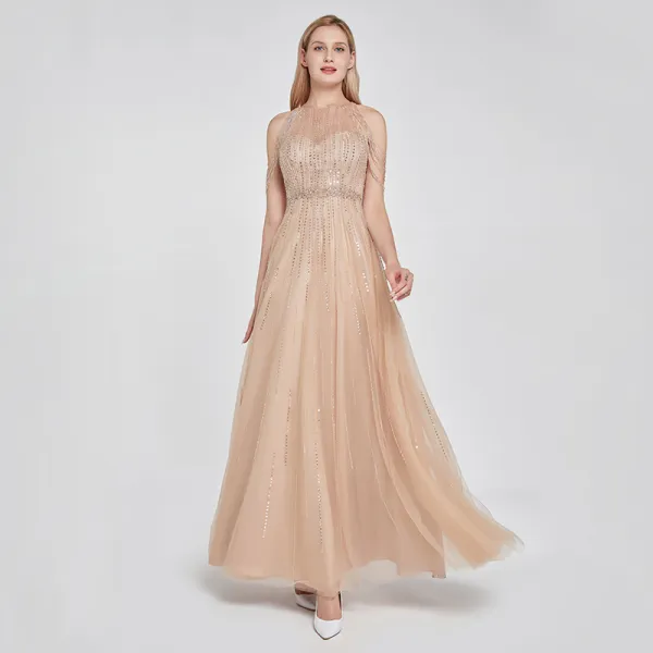 High-end Khaki See-through Dancing Prom Dresses 2020 A-Line / Princess Scoop Neck Sleeveless Beading Sequins Floor-Length / Long Ruffle Formal Dresses