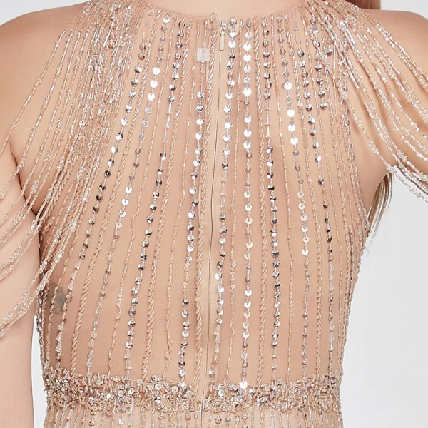 High End Khaki Durchsichtige Tanzen Ballkleider 2020 A Linie Rundhalsausschnitt Ärmellos Perlenstickerei Pailletten Lange Rüschen Festliche Kleider