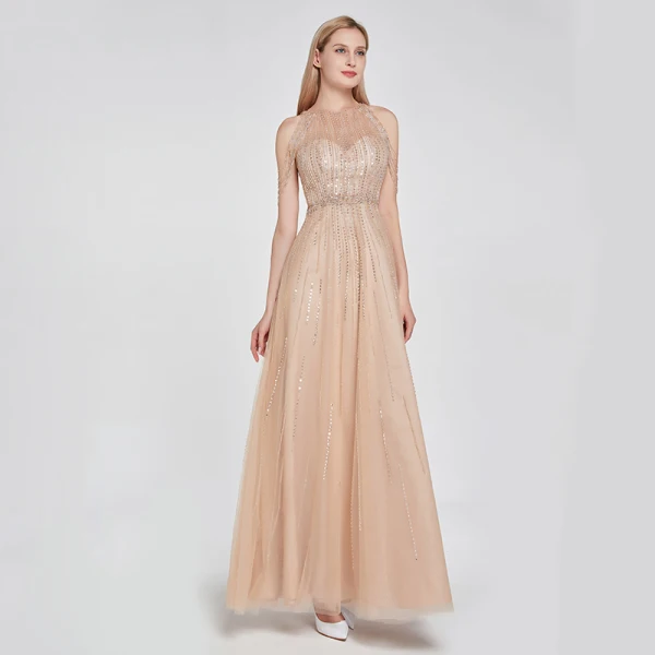 High End Khaki Durchsichtige Tanzen Ballkleider 2020 A Linie Rundhalsausschnitt Ärmellos Perlenstickerei Pailletten Lange Rüschen Festliche Kleider