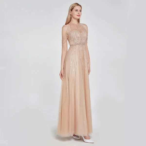 High End Khaki Durchsichtige Tanzen Ballkleider 2020 A Linie Rundhalsausschnitt Ärmellos Perlenstickerei Pailletten Lange Rüschen Festliche Kleider