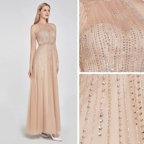 High End Khaki Durchsichtige Tanzen Ballkleider 2020 A Linie Rundhalsausschnitt Ärmellos Perlenstickerei Pailletten Lange Rüschen Festliche Kleider