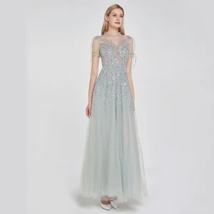 Haut De Gamme Argenté Transparentes Dansant Robe De Bal 2020 Princesse Col Haut Manches Courtes Perlage Paillettes Longue Volants Robe De Ceremonie