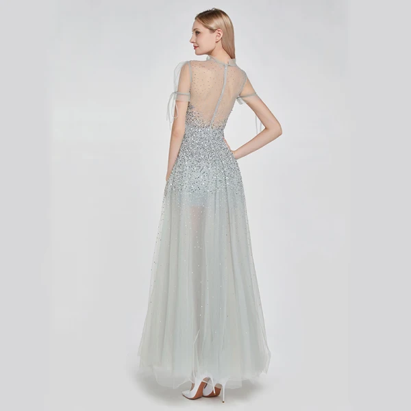 High-end Silver See-through Dancing Prom Dresses 2020 A-Line / Princess High Neck Short Sleeve Beading Sequins Floor-Length / Long Ruffle Formal Dresses