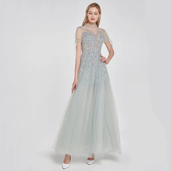 High-end Silver See-through Dancing Prom Dresses 2020 A-Line / Princess High Neck Short Sleeve Beading Sequins Floor-Length / Long Ruffle Formal Dresses