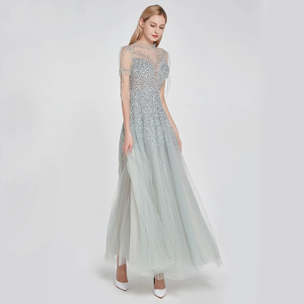 High-end Silver See-through Dancing Prom Dresses 2020 A-Line / Princess High Neck Short Sleeve Beading Sequins Floor-Length / Long Ruffle Formal Dresses