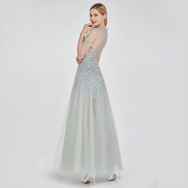 High-end Silver See-through Dancing Prom Dresses 2020 A-Line / Princess High Neck Short Sleeve Beading Sequins Floor-Length / Long Ruffle Formal Dresses