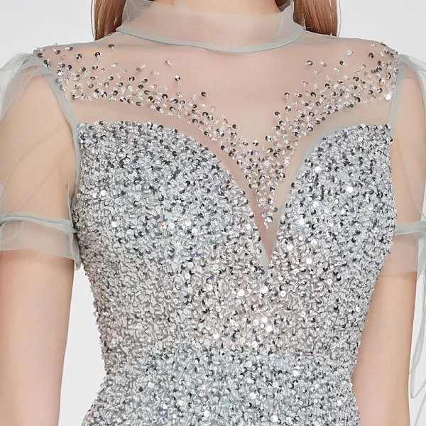 High-end Silver See-through Dancing Prom Dresses 2020 A-Line / Princess High Neck Short Sleeve Beading Sequins Floor-Length / Long Ruffle Formal Dresses