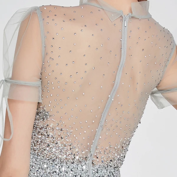 High-end Silver See-through Dancing Prom Dresses 2020 A-Line / Princess High Neck Short Sleeve Beading Sequins Floor-Length / Long Ruffle Formal Dresses