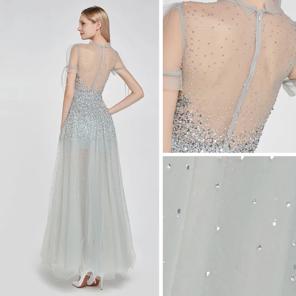 High-end Silver See-through Dancing Prom Dresses 2020 A-Line / Princess High Neck Short Sleeve Beading Sequins Floor-Length / Long Ruffle Formal Dresses