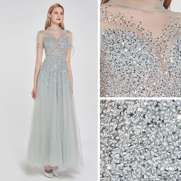 High-end Silver See-through Dancing Prom Dresses 2020 A-Line / Princess High Neck Short Sleeve Beading Sequins Floor-Length / Long Ruffle Formal Dresses