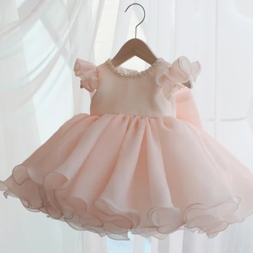 Chic Belle Perle Rose Organza Anniversaire Robe Ceremonie Fille 2020 Robe Boule Encolure Dégagée Mancherons Noeud Courte Volants Robe Pour Mariage