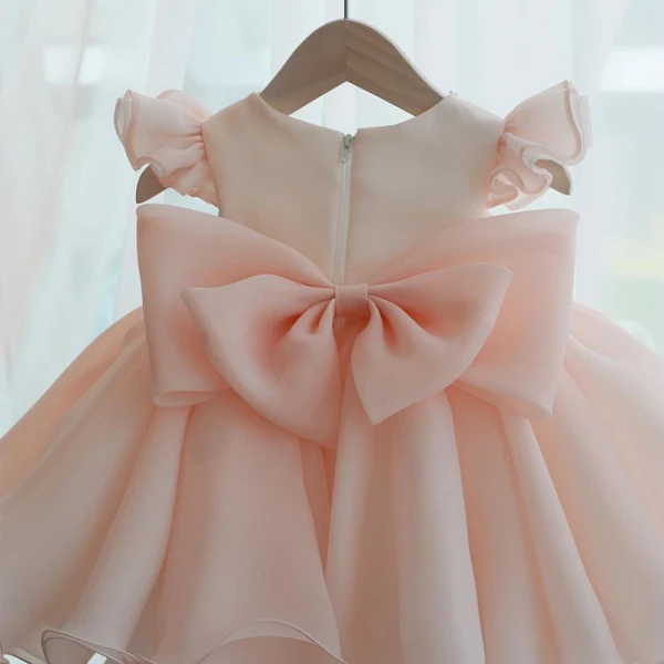Chic / Beautiful Pearl Pink Organza Birthday Flower Girl Dresses 2020 Ball Gown Scoop Neck Cap Sleeves Bow Short Ruffle Wedding Party Dresses