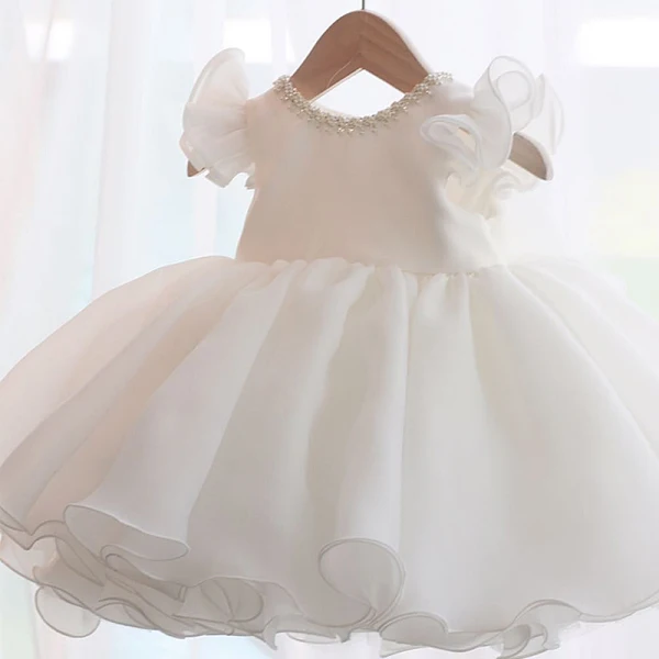 Chic / Beautiful Pearl Pink Organza Birthday Flower Girl Dresses 2020 Ball Gown Scoop Neck Cap Sleeves Bow Short Ruffle Wedding Party Dresses