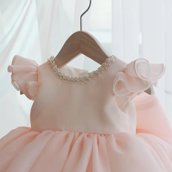 Chic / Beautiful Pearl Pink Organza Birthday Flower Girl Dresses 2020 Ball Gown Scoop Neck Cap Sleeves Bow Short Ruffle Wedding Party Dresses