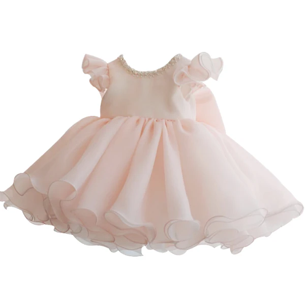 Chic / Beautiful Pearl Pink Organza Birthday Flower Girl Dresses 2020 Ball Gown Scoop Neck Cap Sleeves Bow Short Ruffle Wedding Party Dresses