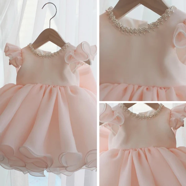 Chic / Beautiful Pearl Pink Organza Birthday Flower Girl Dresses 2020 Ball Gown Scoop Neck Cap Sleeves Bow Short Ruffle Wedding Party Dresses