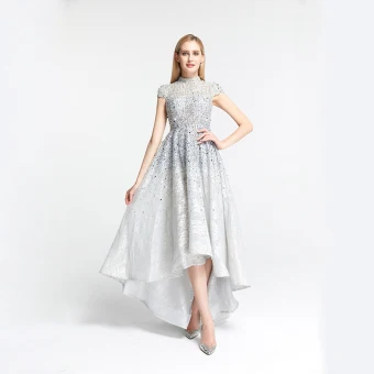 High Low Grey Lace Dancing Prom Dresses 2020 A Line Princess High Neck Short Sleeve Handmade Beading Asymmetrical Formal Dresses
