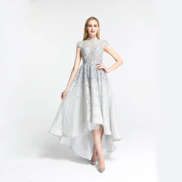 Haute Basse Gris Dentelle Dansant Robe De Bal 2020 Princesse Col Haut Manches Courtes Fait Main Perlage Asymétrique Robe De Ceremonie