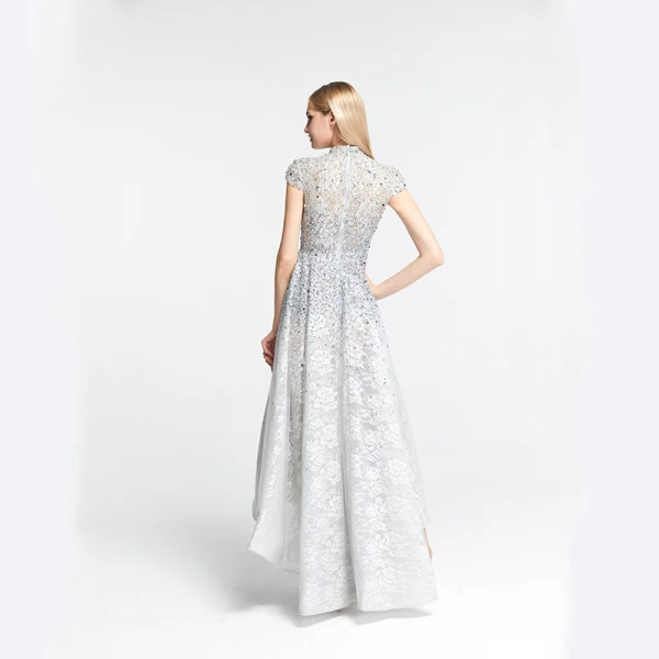 High Low Grey Lace Dancing Prom Dresses 2020 A-Line / Princess High Neck Short Sleeve Handmade Beading Asymmetrical Formal Dresses