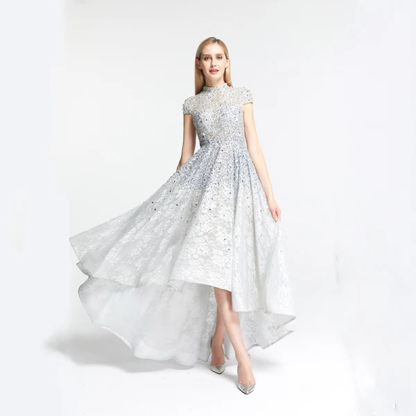 High Low Grey Lace Dancing Prom Dresses 2020 A-Line / Princess High Neck Short Sleeve Handmade Beading Asymmetrical Formal Dresses