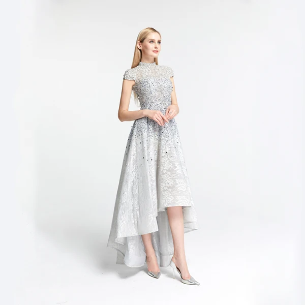 High Low Grey Lace Dancing Prom Dresses 2020 A-Line / Princess High Neck Short Sleeve Handmade Beading Asymmetrical Formal Dresses