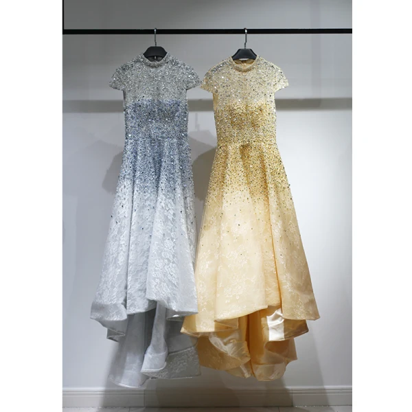 High Low Grey Lace Dancing Prom Dresses 2020 A-Line / Princess High Neck Short Sleeve Handmade Beading Asymmetrical Formal Dresses