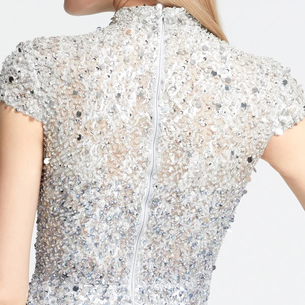 High Low Grey Lace Dancing Prom Dresses 2020 A-Line / Princess High Neck Short Sleeve Handmade Beading Asymmetrical Formal Dresses