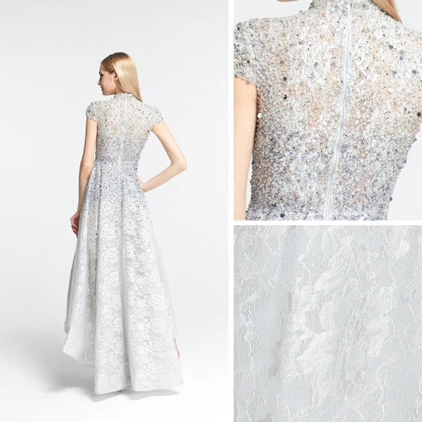 High Low Grey Lace Dancing Prom Dresses 2020 A-Line / Princess High Neck Short Sleeve Handmade Beading Asymmetrical Formal Dresses