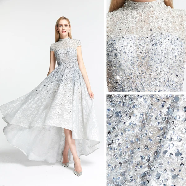 High Low Grey Lace Dancing Prom Dresses 2020 A-Line / Princess High Neck Short Sleeve Handmade Beading Asymmetrical Formal Dresses