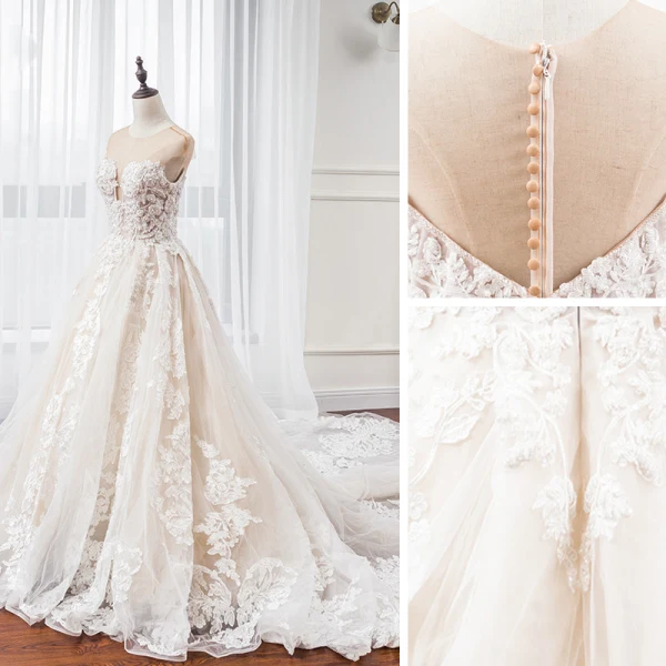 Luxe Champagne Transparentes La Mariée Robe De Mariée 2020 Princesse Encolure Dégagée Sans Manches Appliques En Dentelle Perlage Perle Cathedral Train Volants