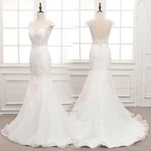 Illusion White See Through Bridal Wedding Dresses 2020 Trumpet Mermaid Square Neckline Sleeveless Backless Sash Appliques Lace Beading Sweep Train Ruffle