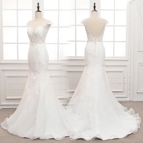 Illusion White See-through Bridal Wedding Dresses 2020 Trumpet / Mermaid Square Neckline Sleeveless Backless Sash Appliques Lace Beading Sweep Train Ruffle