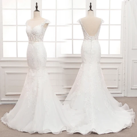 Illusion Weiß Durchsichtige Hochzeits Brautkleider / Hochzeitskleider 2020 Meerjungfrau Eckiger Ausschnitt Ärmellos Rückenfreies Stoffgürtel Applikationen Spitze Perlenstickerei Sweep / Pinsel Zug Rüschen