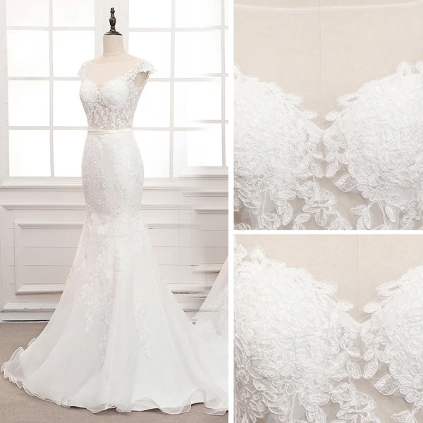 Illusion Blanche Transparentes La Mariée Robe De Mariée 2020 Trompette / Sirène Encolure Carrée Sans Manches Dos Nu Ceinture Appliques En Dentelle Perlage Train De Balayage Volants