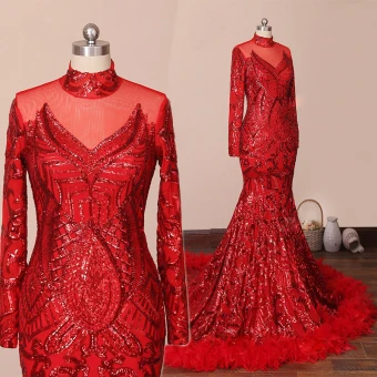 Scintillantes Rouge Tapis Rouge Robe De Soirée 2020 Trompette Sirène Transparentes Col Haut Manches Longues Paillettes Tribunal Train Robe De Ceremonie