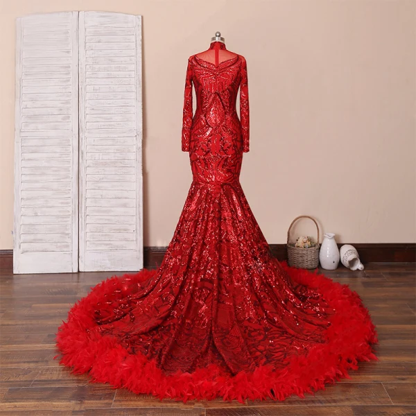 Scintillantes Rouge Tapis rouge Robe De Soirée 2020 Trompette / Sirène Transparentes Col Haut Manches Longues Paillettes Tribunal Train Robe De Ceremonie