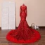Scintillantes Rouge Tapis rouge Robe De Soirée 2020 Trompette / Sirène Transparentes Col Haut Manches Longues Paillettes Tribunal Train Robe De Ceremonie