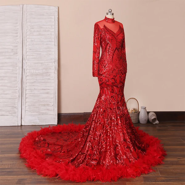 Scintillantes Rouge Tapis rouge Robe De Soirée 2020 Trompette / Sirène Transparentes Col Haut Manches Longues Paillettes Tribunal Train Robe De Ceremonie