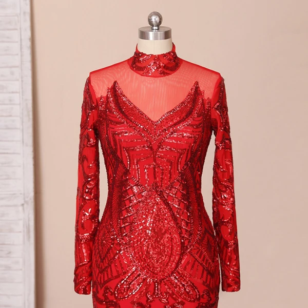 Scintillantes Rouge Tapis rouge Robe De Soirée 2020 Trompette / Sirène Transparentes Col Haut Manches Longues Paillettes Tribunal Train Robe De Ceremonie