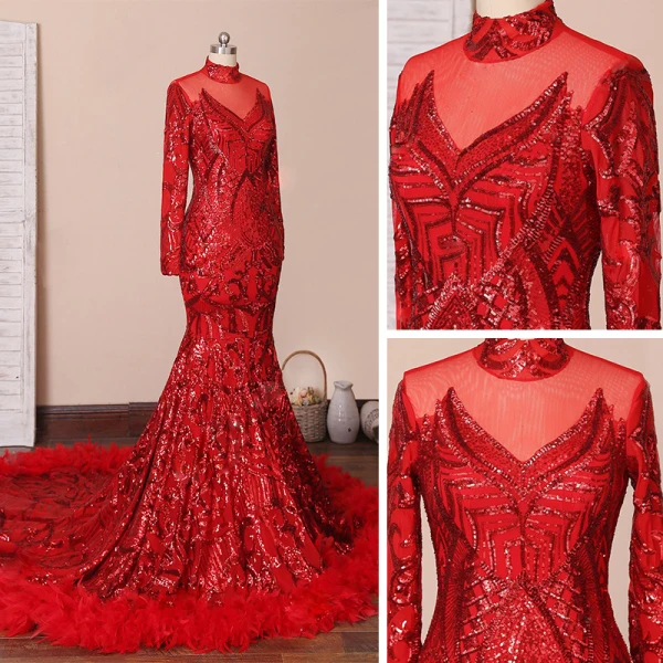 Scintillantes Rouge Tapis rouge Robe De Soirée 2020 Trompette / Sirène Transparentes Col Haut Manches Longues Paillettes Tribunal Train Robe De Ceremonie