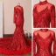 Scintillantes Rouge Tapis rouge Robe De Soirée 2020 Trompette / Sirène Transparentes Col Haut Manches Longues Paillettes Tribunal Train Robe De Ceremonie