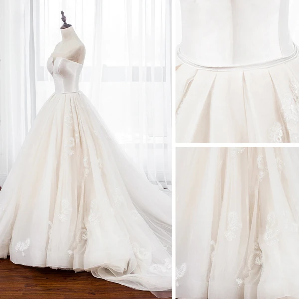 Meilleur Champagne La Mariée Robe De Mariée 2020 Robe Boule Bustier Sans Manches Dos Nu Appliques En Dentelle Chapel Train Volants