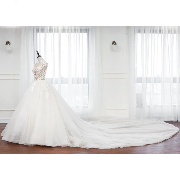 Illusion White Bridal Wedding Dresses 2020 Ball Gown See-through High Neck Sleeveless Appliques Lace Beading Royal Train Ruffle