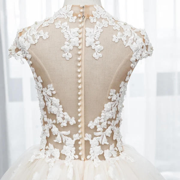 Illusion White Bridal Wedding Dresses 2020 Ball Gown See-through High Neck Sleeveless Appliques Lace Beading Royal Train Ruffle