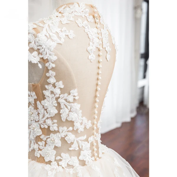 Illusion White Bridal Wedding Dresses 2020 Ball Gown See-through High Neck Sleeveless Appliques Lace Beading Royal Train Ruffle