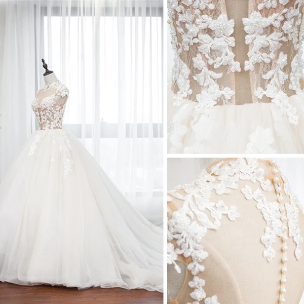 Illusion White Bridal Wedding Dresses 2020 Ball Gown See-through High Neck Sleeveless Appliques Lace Beading Royal Train Ruffle