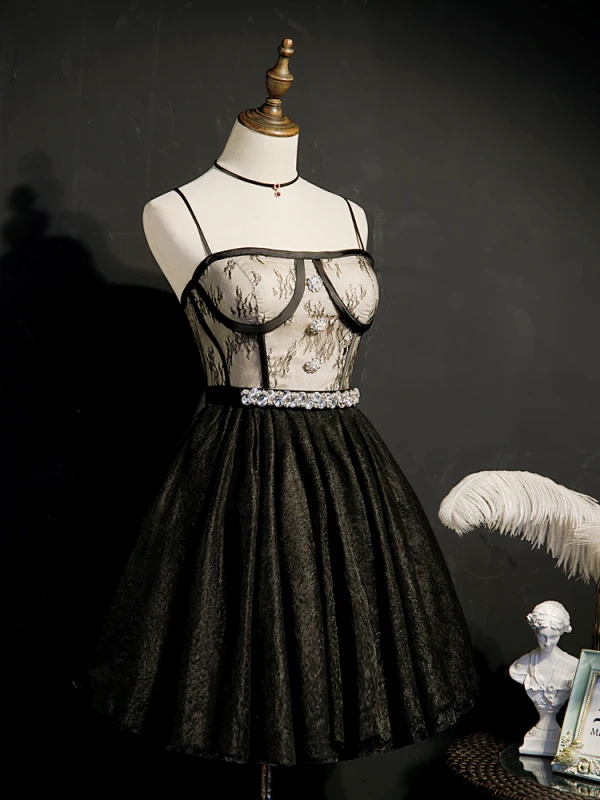 Fashion Black Homecoming Graduation Dresses 2020 A-Line / Princess Spaghetti Straps Sleeveless Rhinestone Sash Short Ruffle Backless Formal Dresses