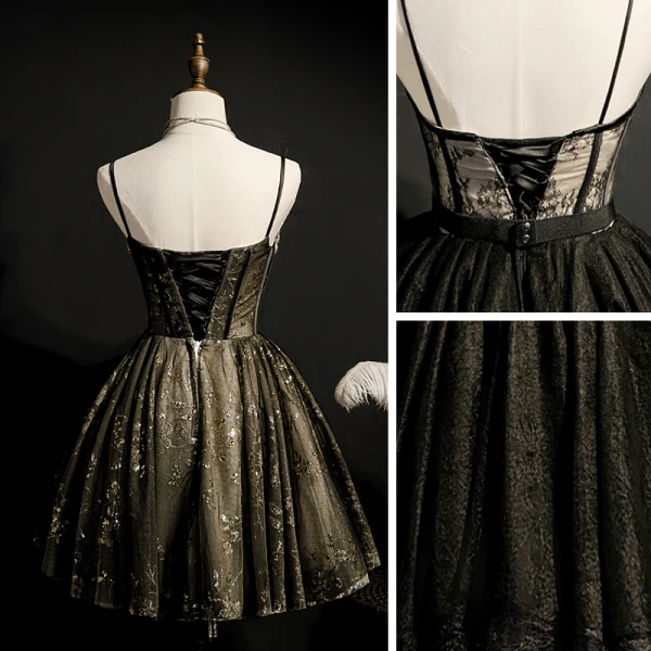 Fashion Black Homecoming Graduation Dresses 2020 A-Line / Princess Spaghetti Straps Sleeveless Rhinestone Sash Short Ruffle Backless Formal Dresses